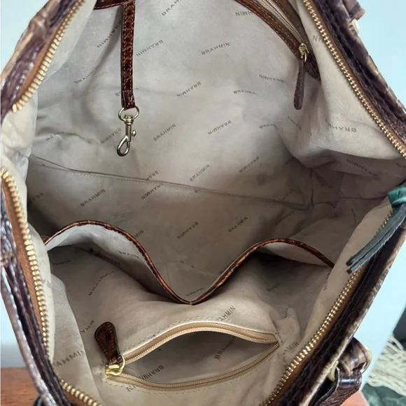 Brahmin Brown Melbourne Croc-Embossed Leather Tote with Teal Accent - Picture 14 of 16